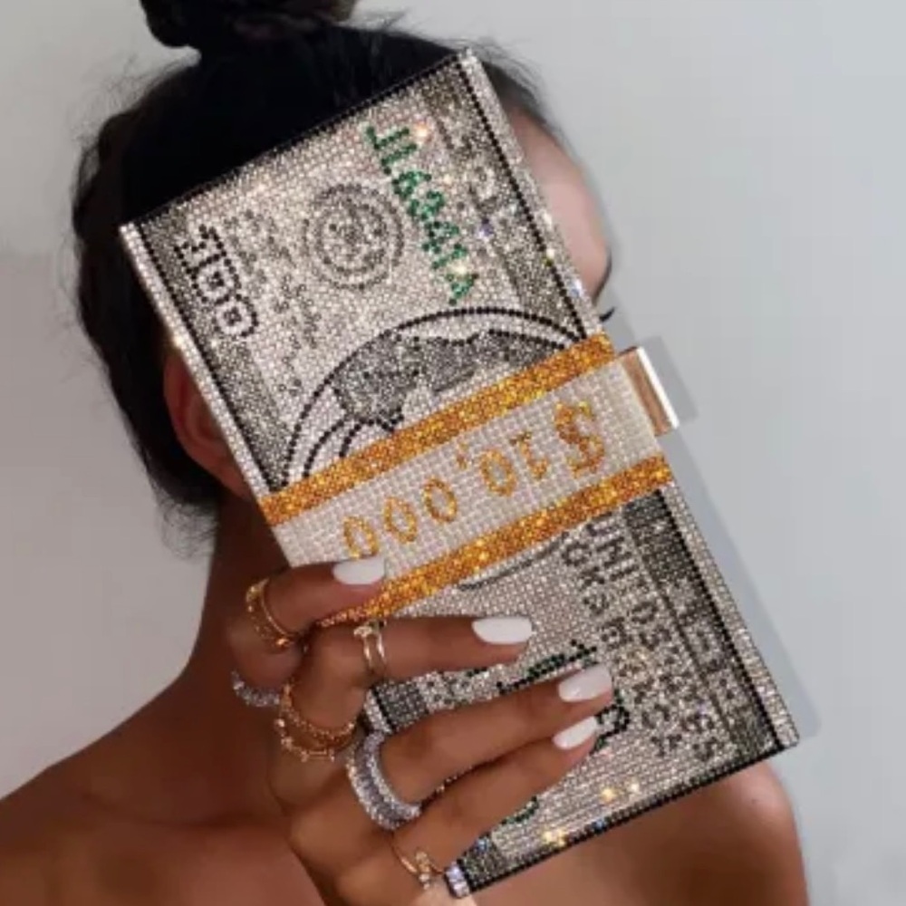 Brand New money dollar clutch bag Rhinestone bling purse removable chain straps